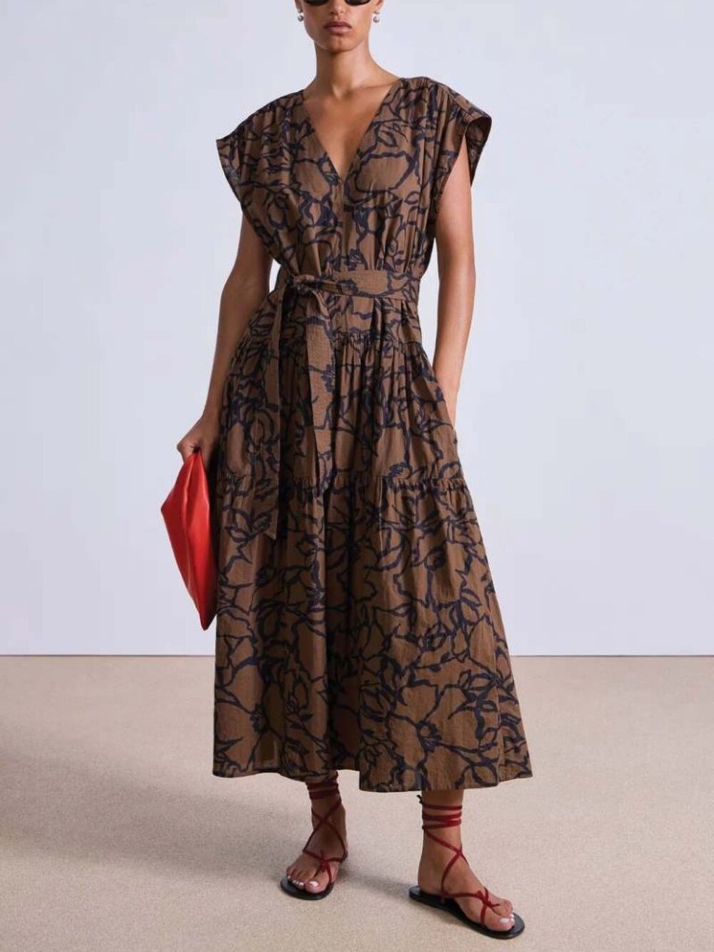 🌟 Apiece Apart Agathe Brown Floral Tier Maxi Dress with Waist Tie Belt · Small
